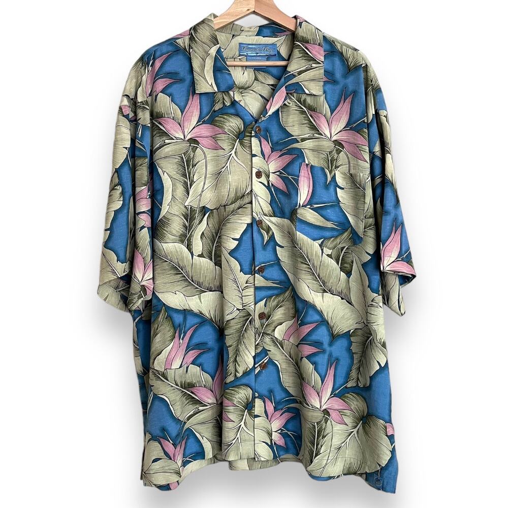 Bermuda Bay 100% Silk Blue and Pink Hawaiian Camp Shirt Men's Size XXL